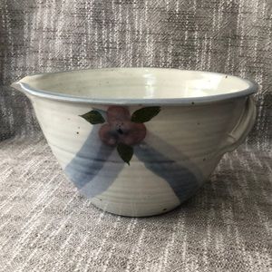 Art pottery mixing bowl with spout and handle.